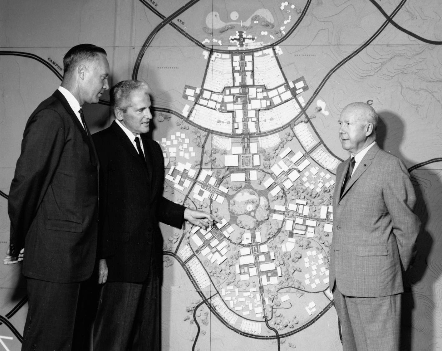 William L. Pereira (middle) with Daniel Aldrich, Jr. (left) and Charles Thomas (right), 1964