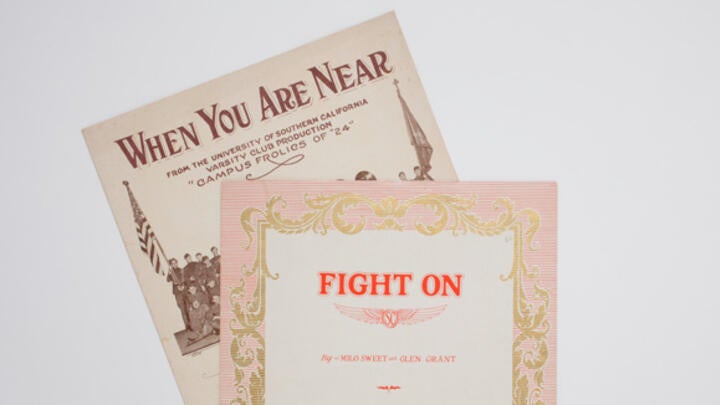 Examples from the University Archives, including a "Fight On" songbook