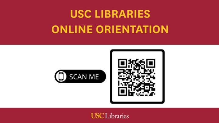 USC Libraries Online Orientation banner with QR code