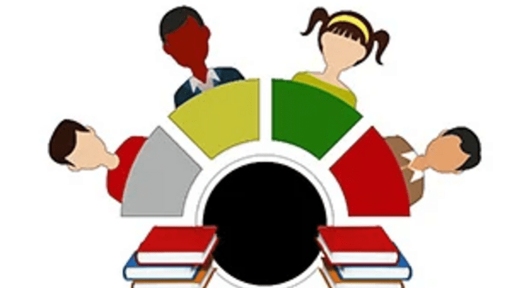 Graphic of faceless students around an arch with three books on either side