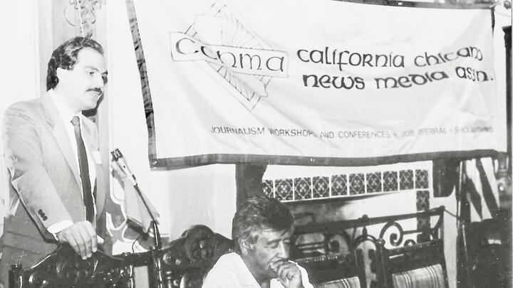 Cesar Chavez attends a meeting of CCNMA