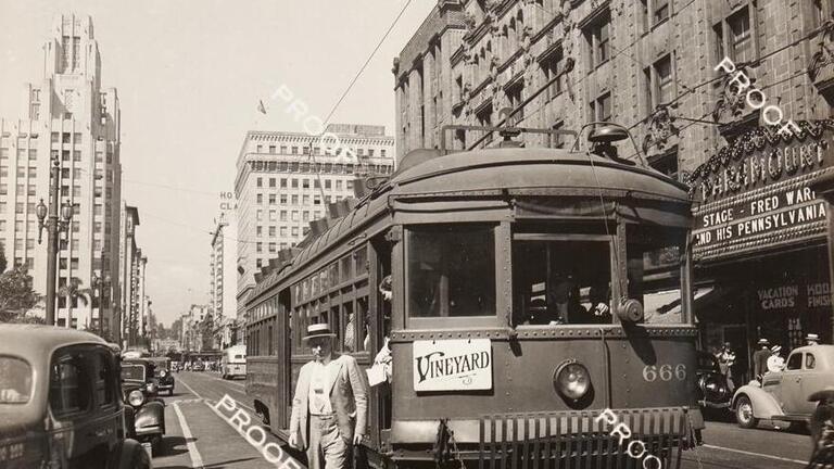 Pacific Electric Red Car near the Paramount Theatre in downtown Los Angeles, 1937