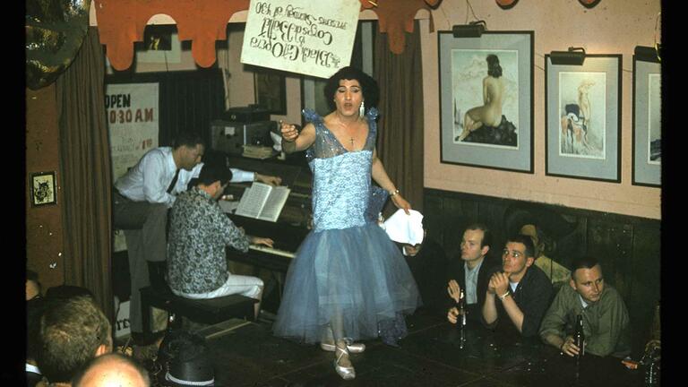 Jose Sarria performs a drag show at the Black Cat Bar in the early 1960s. Photo via ONE National Gay & Lesbian Archives at the U