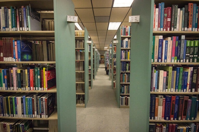 Book stacks in Norris Medical Library