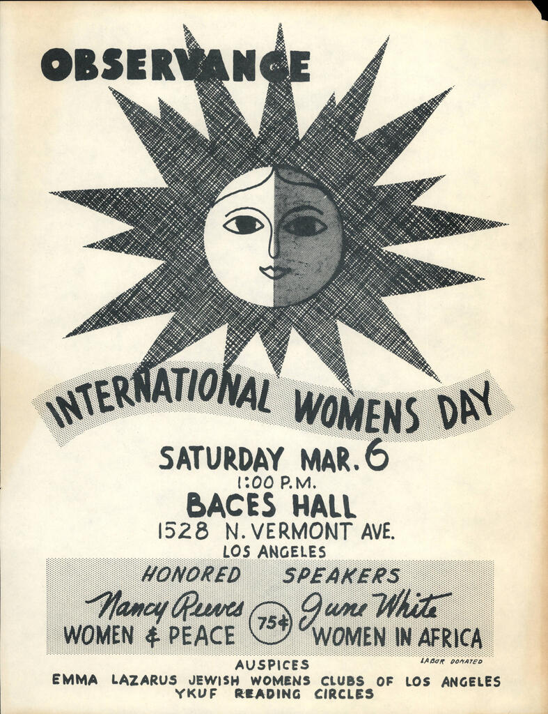 Emma Lazarus Jewish Women's Clubs of Los Angeles, YKUF Reading Circles, Observance International Women's Day, flier, courtesy of the Emma Lazarus Jewish Women's Clubs of Los Angeles Records, 1945-1980, Southern California Library for Social Studies and Research, Los Angeles