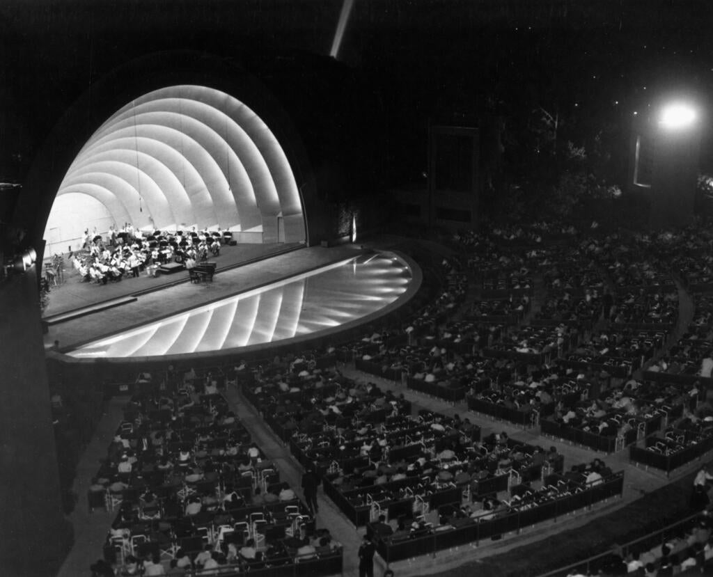 Nighttime concert at the Hollywood Bowl. Undated photo from the USC Libraries' Dick Whittington Photography Collection.