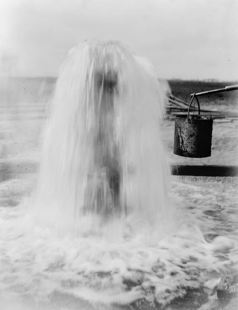 Edward Bouton struck several artesian wells in the 1890s on his ranch near Long Beach. This fountain flowed twelve inches over a twelve-inch pipe. Photo from the California Historical Society Collection in the USC Digital Library.