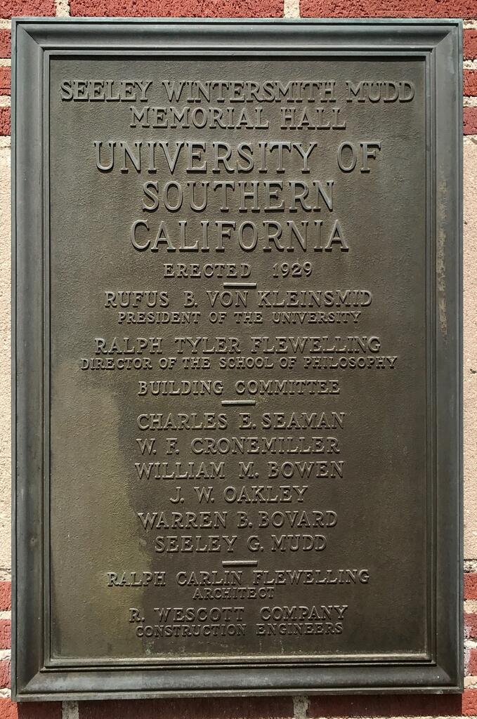 Seeley Wintersmith Mudd Memorial Hall of Philosophy (MHP) dedication plaque