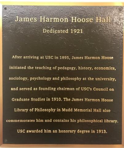 Dedication plaque for James Harmon Hoose located in the Bovard Adminstration building.