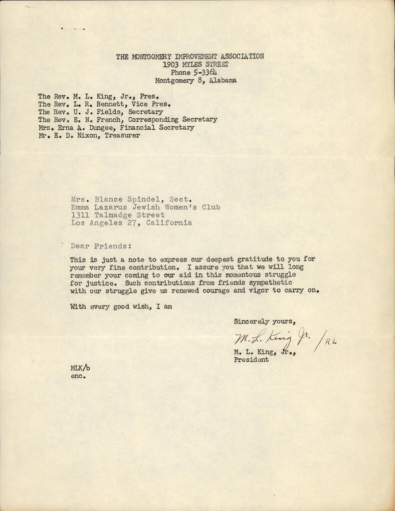 Thank you letter from civil rights leader Martin Luther King Jr., Emma Lazarus Jewish Women's Clubs of Los Angeles Records, 1945-1980, Southern California Library for Social Studies and Research, Los Angeles