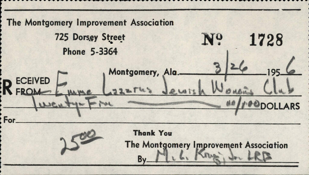 Contribution receipt from the Montgomery Improvement Association, Emma Lazarus Jewish Women's Clubs of Los Angeles Records, 1945-1980, Southern California Library for Social Studies and Research, Los Angeles