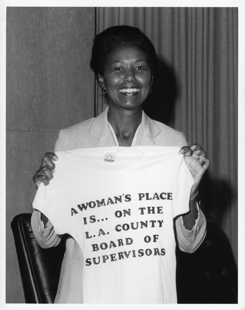 Yvonne Brathwaite Burke celebrating her first anniversary on the Board of Supervisors in 1980. Library Exhibits Collection, USC Digital Library
